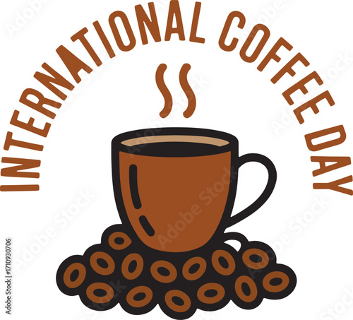 Coffee mug design with beans and steam in decorative style for cafe logos posters