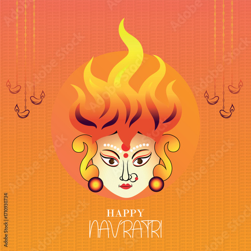 An artistic and powerful illustration of the Hindu goddess, Maa Durga, with fiery hair and a serene expression, celebrating the auspicious festival of Navratri.