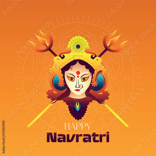 A stunning and artistic illustration of the face of Goddess Durga with ornate headgear and tridents, celebrating the Hindu festival of Navratri against a vibrant orange background.