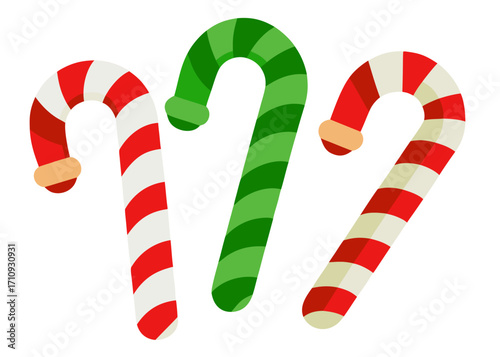 Three Cartoon Candy Canes in Red White and Green on white background