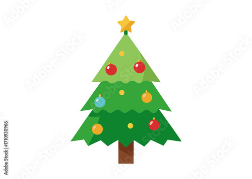 Cartoon Christmas Tree with Ornaments and Star on White Background