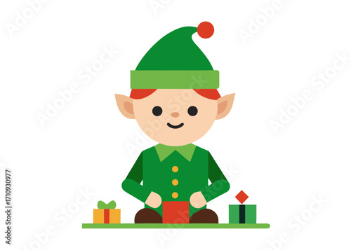 Cute Cartoon Christmas Elf Wrapping Presents Illustration on White Background