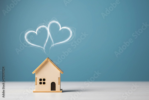 Enchanting miniature house with two interconnected glowing hearts, symbolizing the cherished dreams of love, family, and building a future home together