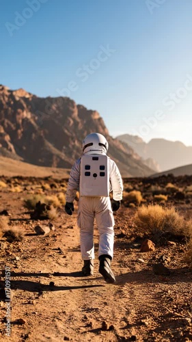 Astronaut walking on a dusty surface with mountains in the background on a bright day to explore the new planet.