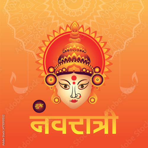 An intricate and detailed illustration of the face of Goddess Durga with ornate headgear, celebrating the auspicious Hindu festival of Navratri against an orange background.
