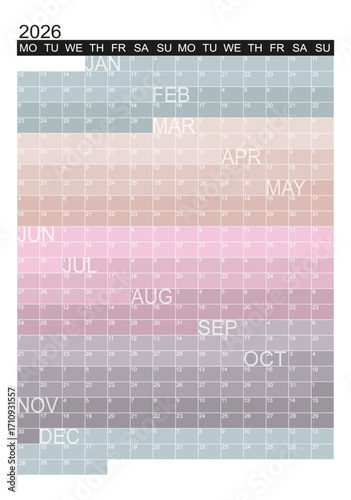 Seamless flowing calendar, vertical wall art planner where each month flows smoothly into the next one. Vector design.