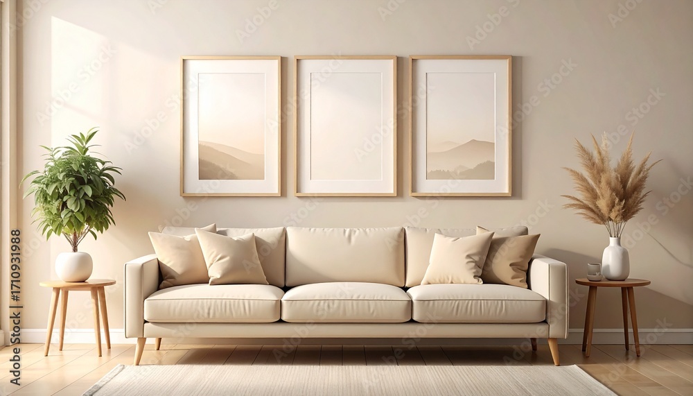 Fototapeta premium Cozy Living Room with Three Minimalist Frames and Green Plant on Side Table