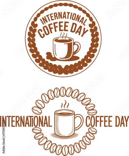 International coffee day round seal emblem with beans and steaming mug vintage brown vector cafe
