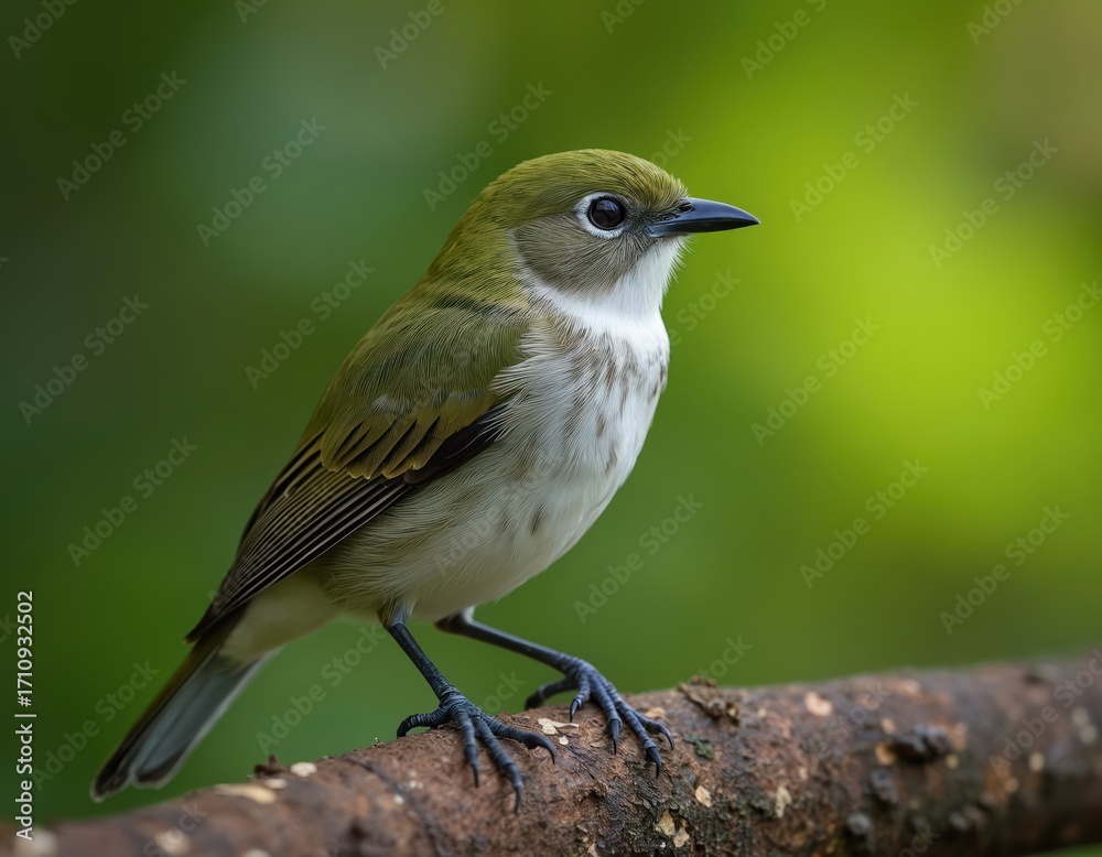 Fototapeta premium Olive green white eye bird perches on tree branch. Looks alert with bright eye ring. Cute avian creature in nature habitat. Wild fauna animal wildlife in forest, tropical bird. Natural beauty. Green