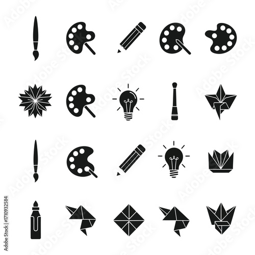 Creative Toolkit Vector Icons Brushes, Palettes, Pencils, Lightbulbs, and Origami. Essential Symbols for Art, Design, and Inspiration