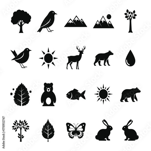 Collection of Black and White Vector Icons Representing Nature, Wildlife, and Seasons - Ideal for Design Projects
