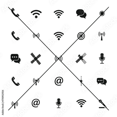 Monochromatic vector illustration of communication and digital technology icons in a grid, featuring wireless signals, phones, chat, and satellites, symbolizing global connectivity and modern networks