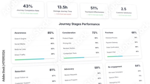 Interactive customer journey mapping dashboard with touchpoint analytics and conversion tracking metrics
