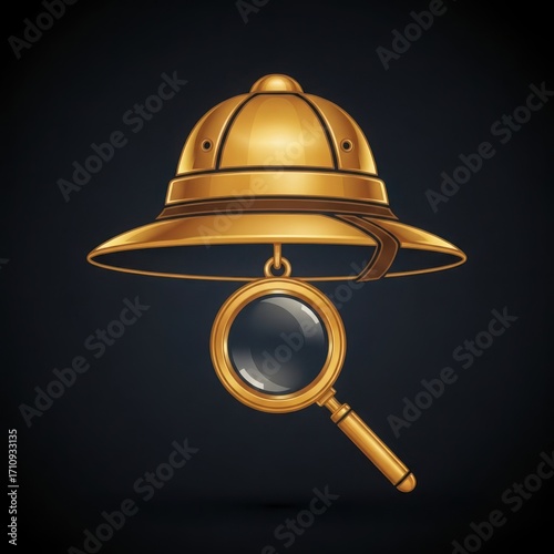 3d golden pith helmet and magnifying glass on dark background