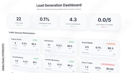 Interactive lead generation dashboard with traffic sources analytics and conversion tracking interface
