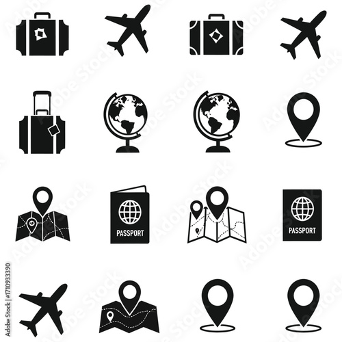 Comprehensive collection of essential travel and tourism icons, featuring graphic symbols for global exploration, navigation, and holiday planning for various destinations worldwide
