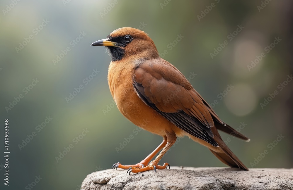 Fototapeta premium Brown songbird stands on textured rock outdoors. Dark eyes, black face patch, yellow-tipped beak. Wild avian creature poses calmly in natural habitat, ready for spring birdwatching moment.