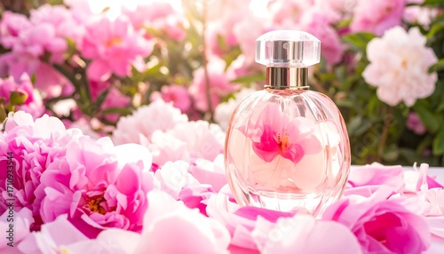 Perfume bottle surrounded by pink flowers