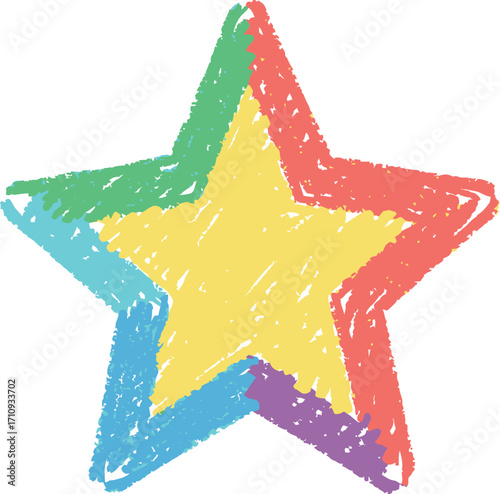 Colorful crayon star illustration with layered hues on transparent background