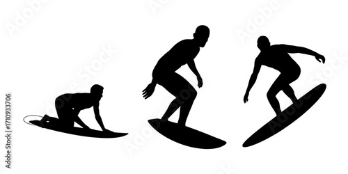 Vector illustration of surfer silhouettes riding waves
