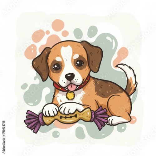 Cute puppy playing with chew toy on colorful background  