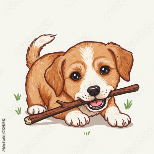 Puppy smiling while chewing on a stick in grassy outdoor setting  