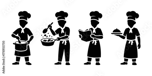 Vector illustration of chef silhouettes cooking and serving food
