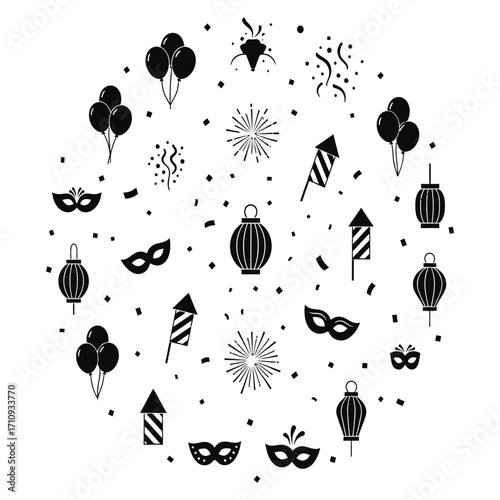 Festive circle of assorted party elements including balloons, confetti, fireworks, and masquerade masks