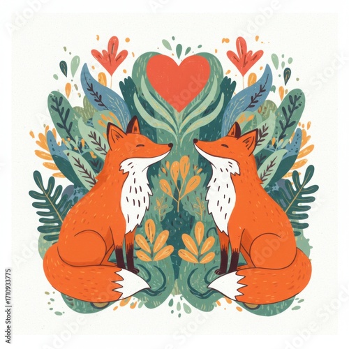 Romantic fox couple with greenery and heart in decorative style  