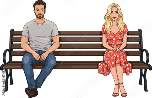 Couple sitting on park bench, man and woman relaxing outdoors, romantic moment, flat vector illustration, CAD drawing