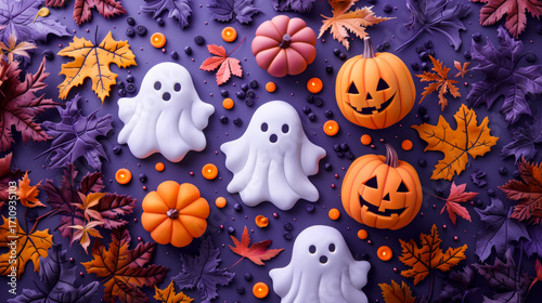 Cute ghosts made from sculpted clay sit surrounded by pumpkin decorations and colorful leaves. The vibrant pastel colors contrast beautifully against the dark purple background, evoking Halloween joy