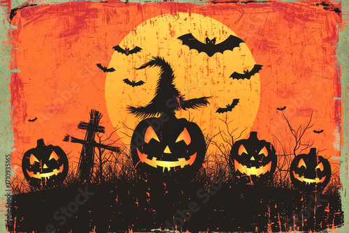 Unique Halloween T-shirt design showcases minimalist style with retro colors. Features include carved pumpkins, witch silhouette, bats, and full moon, perfect for autumn festivities.