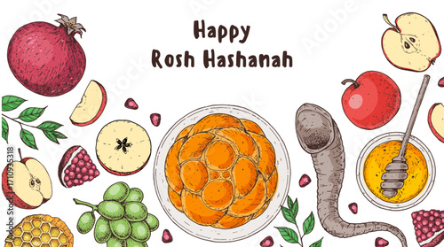 Rosh Hashanah greeting card design template. Hand drawn vector illustration. Jewish new year symbols. Challah bread, apple, pomegranate , honey top view.