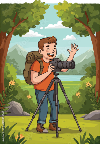 Cartoon outdoor photographer waving while capturing scenic nature with tripod near lake, mountains, flowers, trees, rocks, and cloudy sky