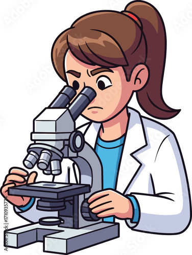 Cartoon scientist using compound microscope in laboratory for research, analysis, discovery, medical testing, and scientific observation in white lab coat