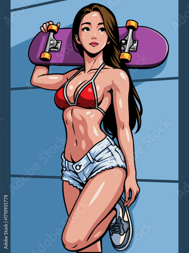 Sexy Skater Girl Vector Illustration – Stylish Woman with Skateboard in Bikini Top and Shorts