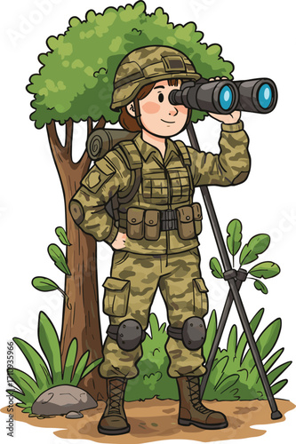 Cartoon soldier in camouflage uniform using binoculars in forest, tactical gear, outdoor surveillance, military reconnaissance vector illustration for defense themes