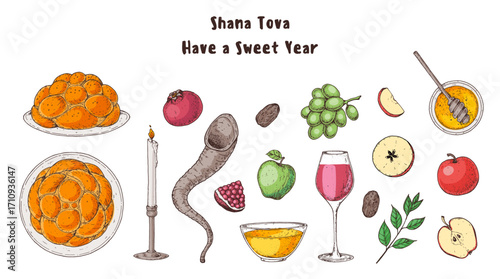 Rosh Hashanah greeting card design template. Hand drawn vector illustration. Jewish new year symbols. Challah bread, apple, pomegranate , honey top view.