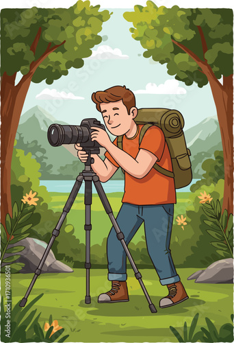 Cartoon-style outdoor photographer with tripod capturing scenic nature in forest with flowers, trees, mountains, grassy field, and clear sky