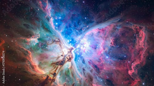 Vibrant interstellar cloud formation displaying nebulous colors, cosmic dust, starlight, and glowing ionized gases in a deep space galaxy.