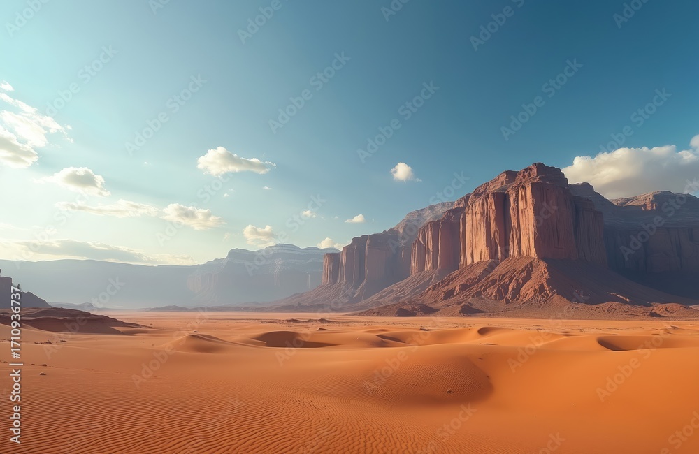 Fototapeta premium Desert landscape view with sand dunes, blue sky. Rocks and mountains with erosion in dry wilderness area. Nature background with horizon line. Arid land with geological rock formations.