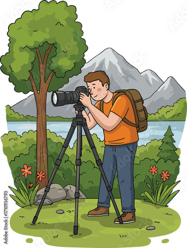 Outdoor photographer capturing scenic nature landscape with camera tripod near lake, mountains, flowers, tree, rocks under clear sky