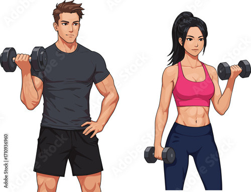 Fit man and woman exercising with dumbbells, fitness illustration, active lifestyle, cartoon vector characters, workout routine, healthy living, gym training, athletic body