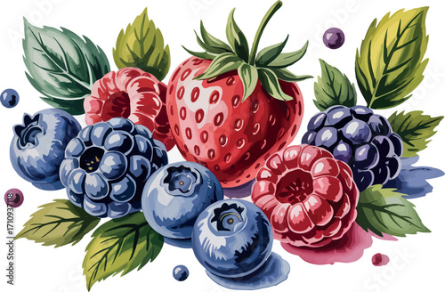 This vibrant watercolor illustration showcases a delightful medley of fresh berries, including strawberries, blueberries, raspberries, and blackberries, nestled among green leaves.