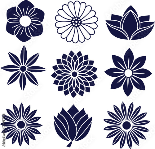Nine Dark Blue Geometric and Stylized Flower Icons vector illustration