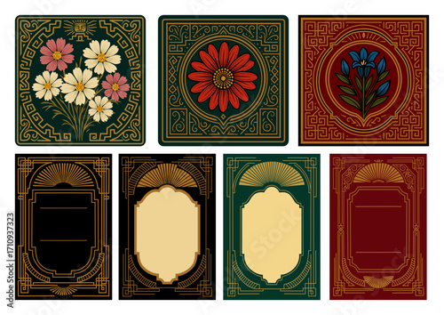 秋の花とアールデコ調のカードデザイン、Autumn Flowers and Art Deco Card Design