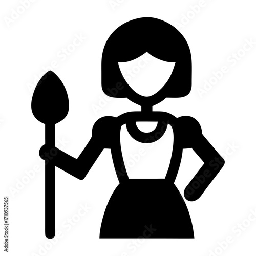 Simple black and white vector icon of a female character, a conceptual design of a maid or cook in a vintage apron holding a ladle