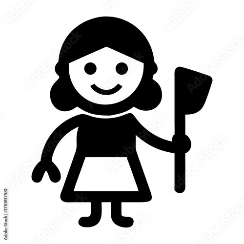 Little Maid with Cleaning Tool Simple Black and White Icon