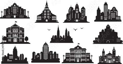 Monochromatic Architectural Silhouettes A Diverse Urban Landscape Composition Displaying Various Building Styles and Cityscapes Depicted with Artistic Flair and Precision