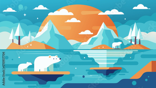 Polar bears on melting ice in arctic landscape with mountains, sea and sunset highlighting climate change in flat vector style
